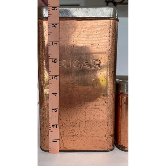 Set of 2 MCM Vintage Garner Ware Copper Metal Canisters Sugar & Tea Mid Century - Picture 9 of 12